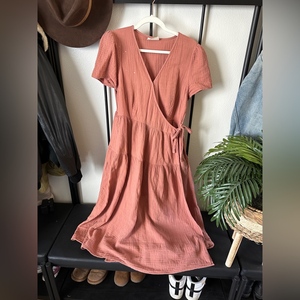 Universal thread peach gauze wrap dress midi puff sleeve cottagecore boho
